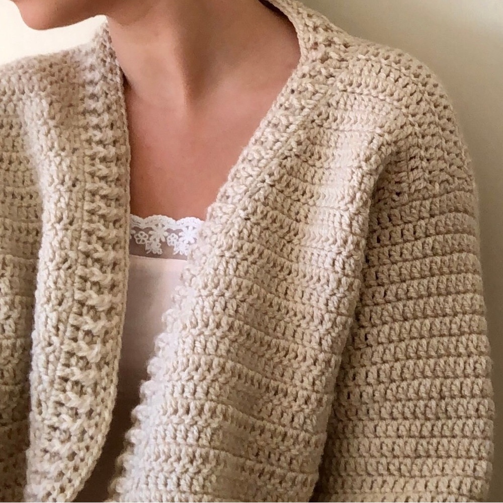 Handmade Cream Chunky Knit Cardigan Crochet Sweater with Pockets ptp 20.5 - Picture 4 of 13